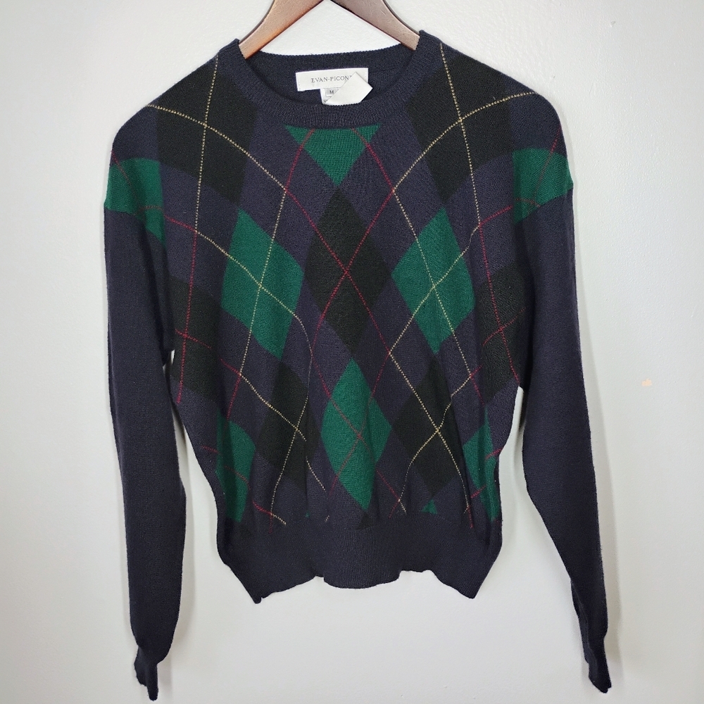 Vintage Evan Picone Wool Blendâ Argyle Sweater Womens Medium Navy Blue Academia